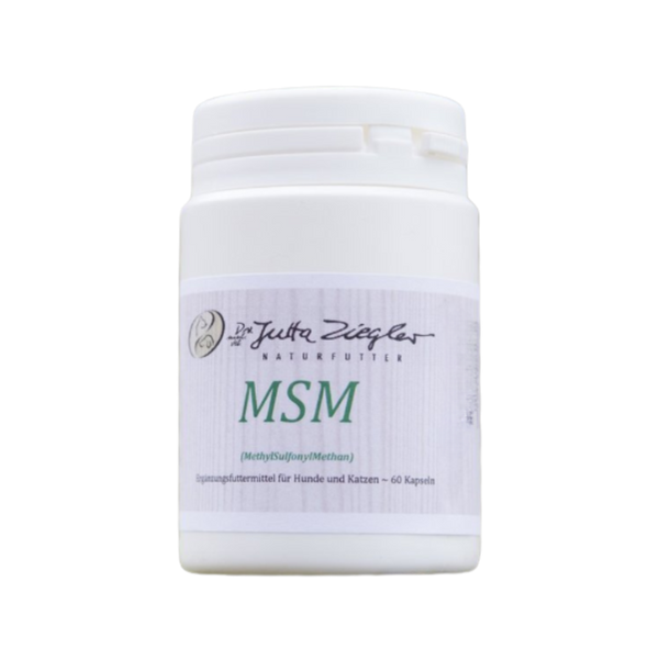 Weißer Kunststoffbehälter mit Schraubverschluss, Aufkleber mit grünem Schriftzug 'MSM' und Text zu Nahrungsergänzungsmitteln für Hunde und Katzen.