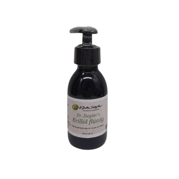 Schwarze Kunststoffflasche mit Pumpverschluss, beschriftet mit 'Dr. Ziegler's Krillöl flüssig' und einem grünen Logo oben links.