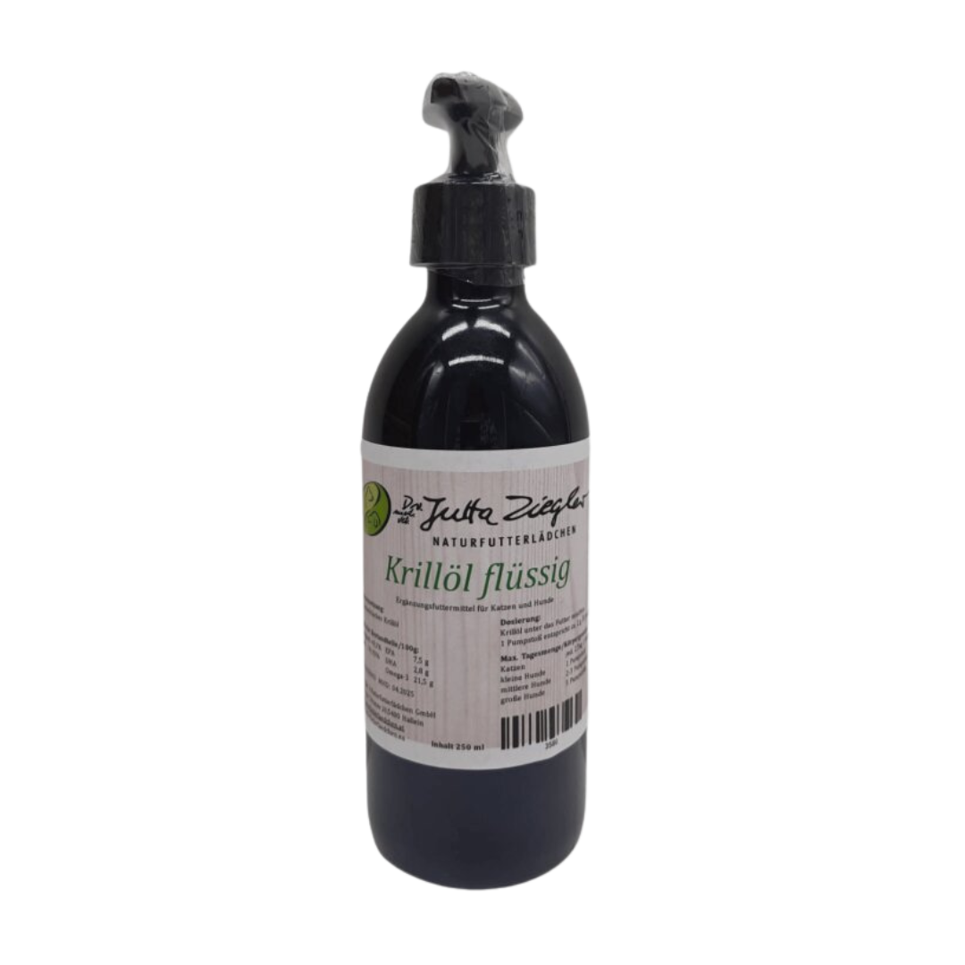 Schwarze Kunststoffflasche mit Pumpverschluss, beschriftet mit 'Dr. Ziegler's Krillöl flüssig' und einem grünen Logo oben links.