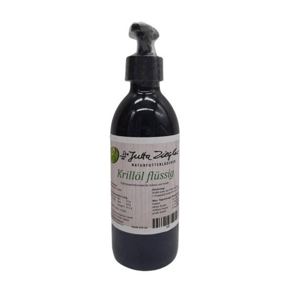 Schwarze Kunststoffflasche mit Pumpverschluss, beschriftet mit 'Dr. Ziegler's Krillöl flüssig' und einem grünen Logo oben links.