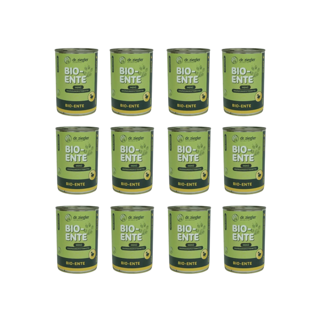 12 Dosen Dr. Ziegler Bio-Ente Menü Hundefutter, 400g, grün-gelbe Verpackung