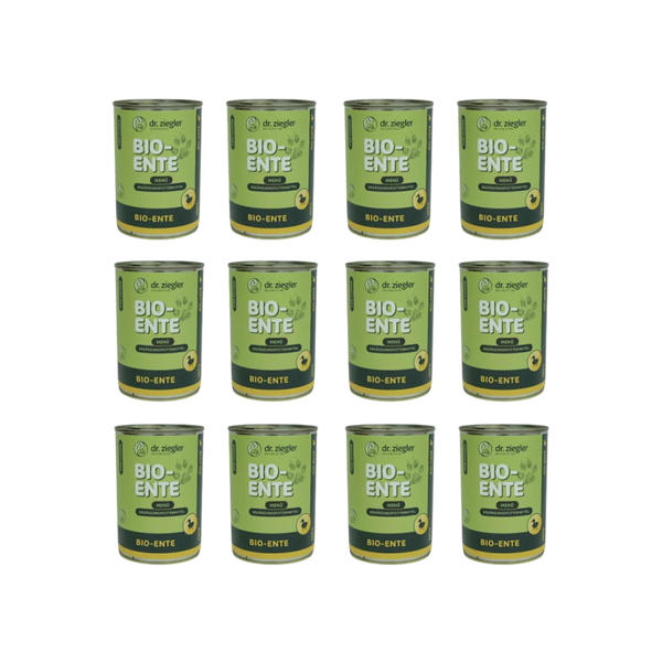 12 Dosen Dr. Ziegler Bio-Ente Menü Hundefutter, 400g, grün-gelbe Verpackung