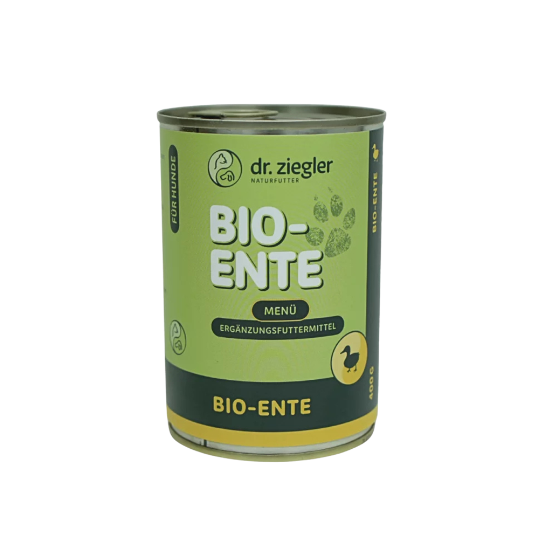 Dose Dr. Ziegler Bio-Ente Menü Hundefutter, 400g, grün-gelbe Verpackung