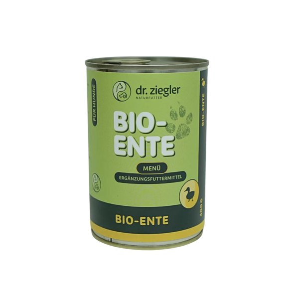 Dose Dr. Ziegler Bio-Ente Menü Hundefutter, 400g, grün-gelbe Verpackung