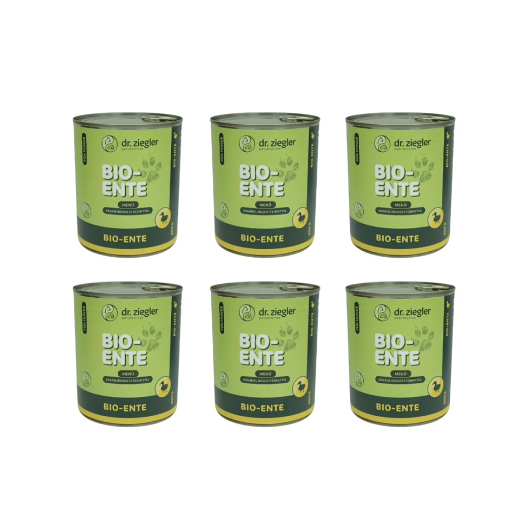 6 Dosen Dr. Ziegler Bio-Ente Menü Hundefutter, 800g, grün-gelbe Verpackung