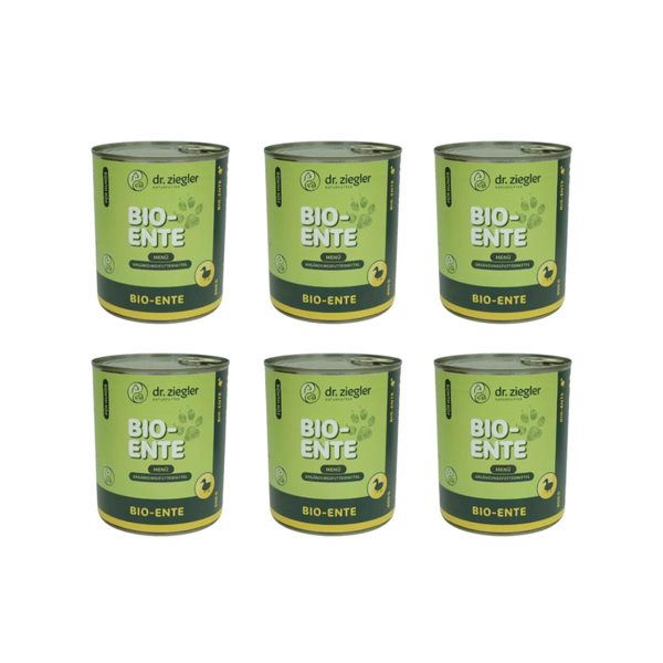 6 Dosen Dr. Ziegler Bio-Ente Menü Hundefutter, 800g, grün-gelbe Verpackung