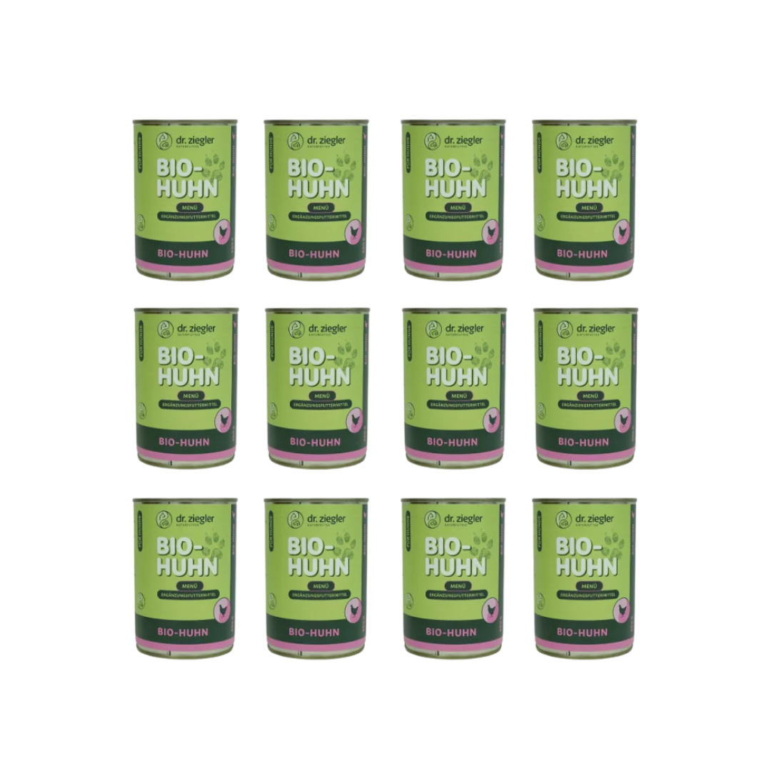 12 Dosen Dr. Ziegler Bio-Huhn Menü Hundefutter, 400g, grün-pinke Verpackung