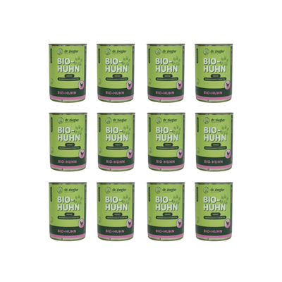 12 Dosen Dr. Ziegler Bio-Huhn Menü Hundefutter, 400g, grün-pinke Verpackung