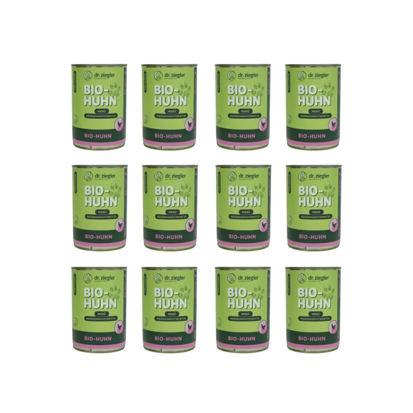 12 Dosen Dr. Ziegler Bio-Huhn Menü Hundefutter, 400g, grün-pinke Verpackung