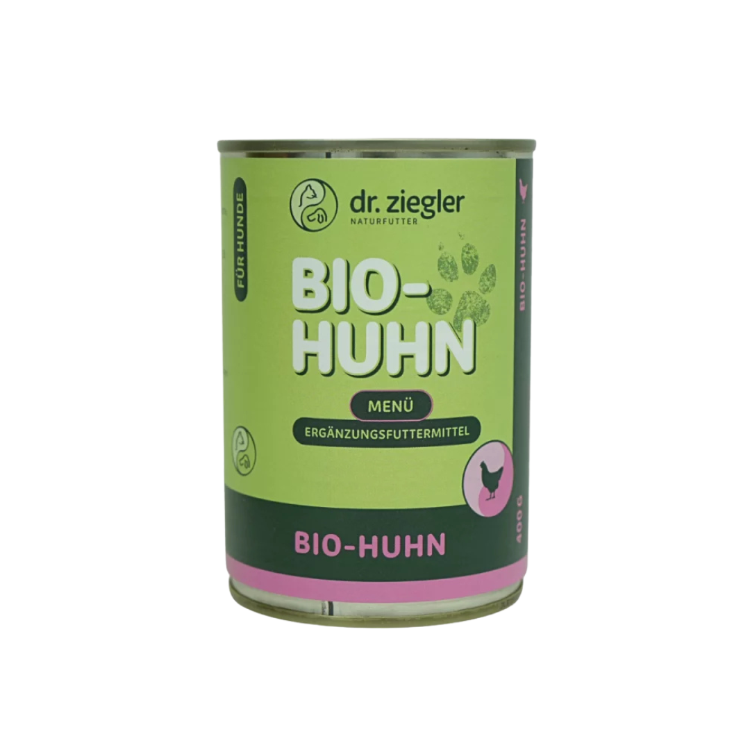 Dose Dr. Ziegler Bio-Huhn Menü Hundefutter, 400g, grün-pinke Verpackung
