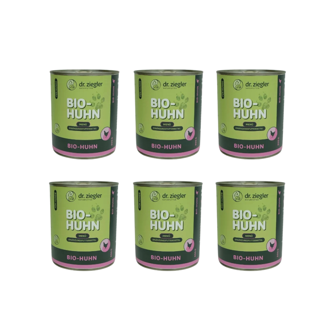 6 Dosen Dr. Ziegler Bio-Huhn Menü Hundefutter, 800g, grün-pinke Verpackung