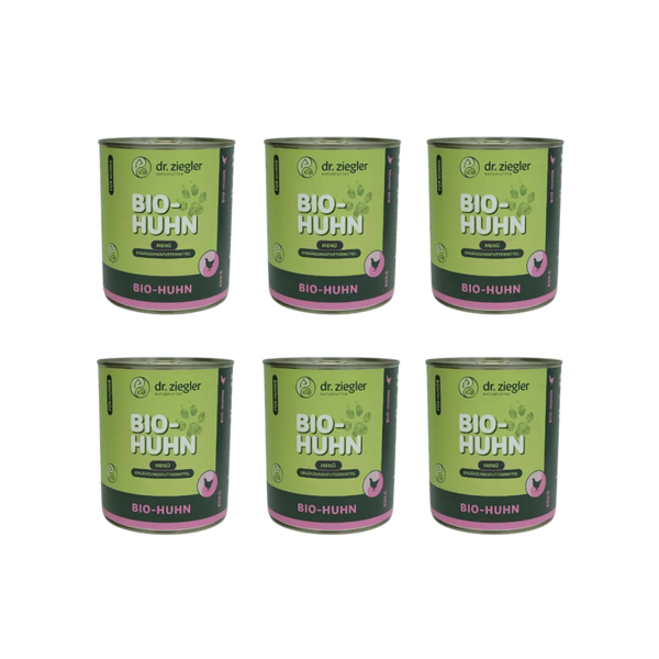 6 Dosen Dr. Ziegler Bio-Huhn Menü Hundefutter, 800g, grün-pinke Verpackung