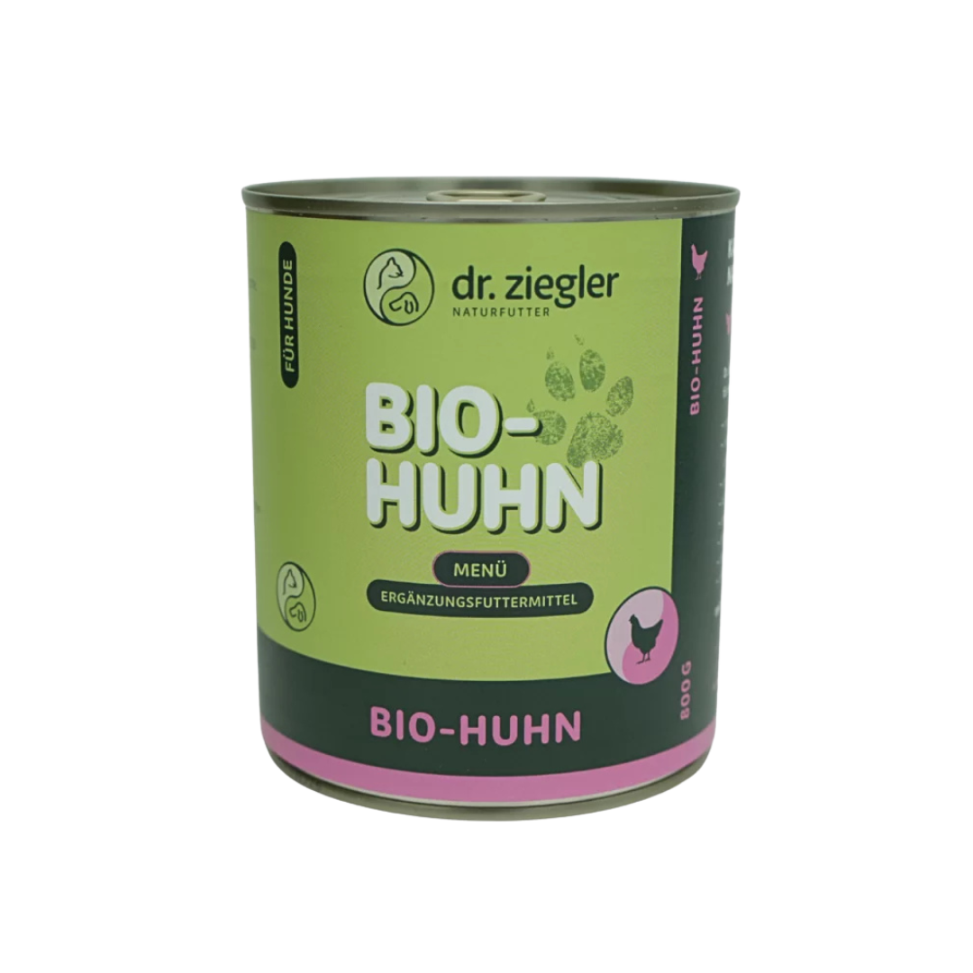 Dose Dr. Ziegler Bio-Huhn Menü Hundefutter, 800g, grün-pinke Verpackung
