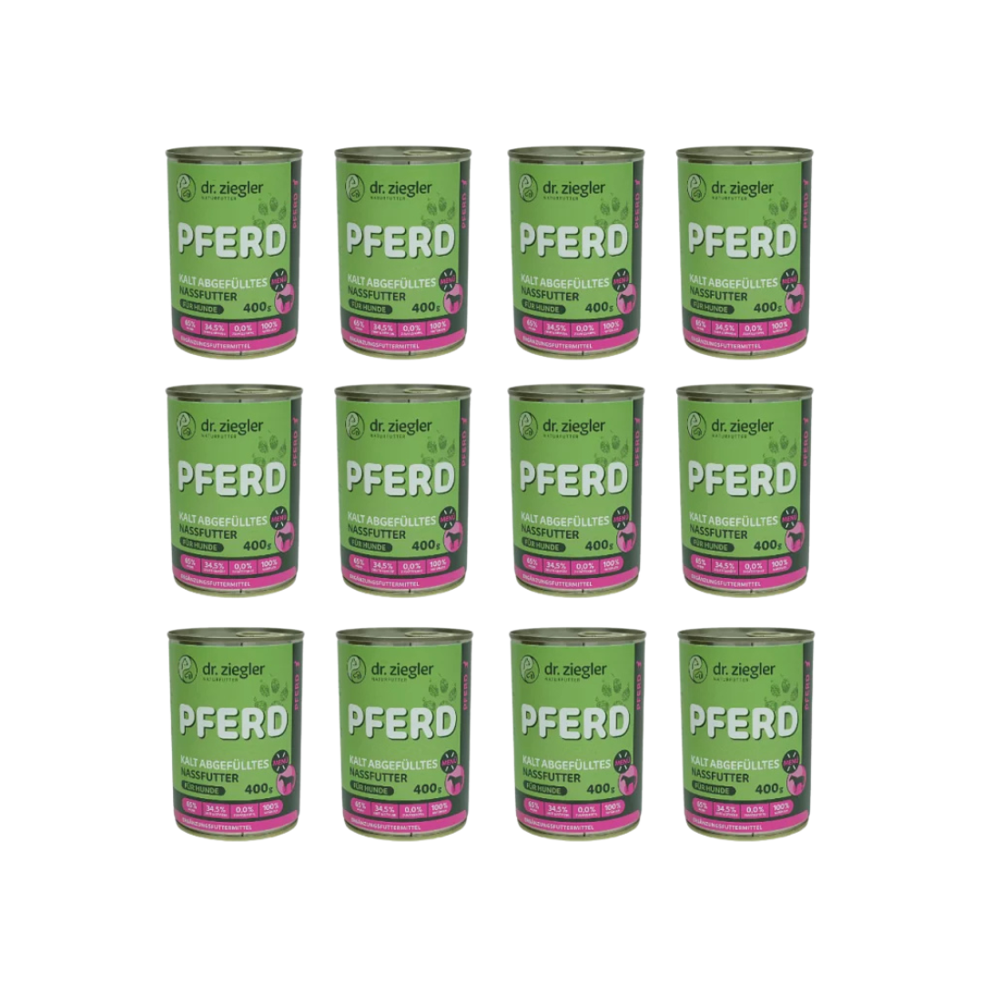 12 Dose mit Hundefutter von dr. ziegler, grüne Verpackung, 400g, mit der Aufschrift 'PFERD KALT ABGEFÜLLTES NASSFUTTER FÜR HUNDE', 65% Pferd, 34,5% Gemüse.