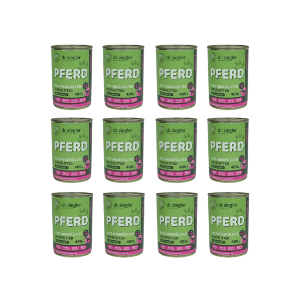 12 Dose mit Hundefutter von dr. ziegler, grüne Verpackung, 400g, mit der Aufschrift 'PFERD KALT ABGEFÜLLTES NASSFUTTER FÜR HUNDE', 65% Pferd, 34,5% Gemüse.