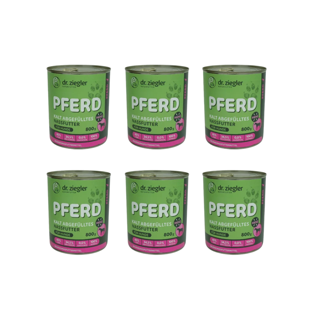 6 Dose mit Hundefutter von dr. ziegler, grüne Verpackung, 800g, mit der Aufschrift 'PFERD KALT ABGEFÜLLTES NASSFUTTER FÜR HUNDE', 65% Pferd, 34,5% Gemüse.
