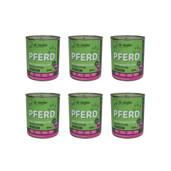 6 Dose mit Hundefutter von dr. ziegler, grüne Verpackung, 800g, mit der Aufschrift 'PFERD KALT ABGEFÜLLTES NASSFUTTER FÜR HUNDE', 65% Pferd, 34,5% Gemüse.