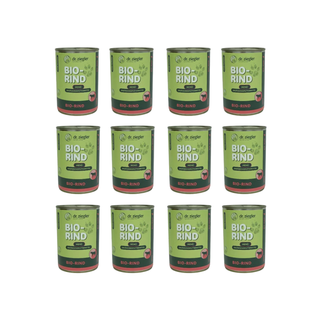12 Dose Dr. Ziegler Bio-Rind Menü Hundefutter, 400g, grün-rote Verpackung