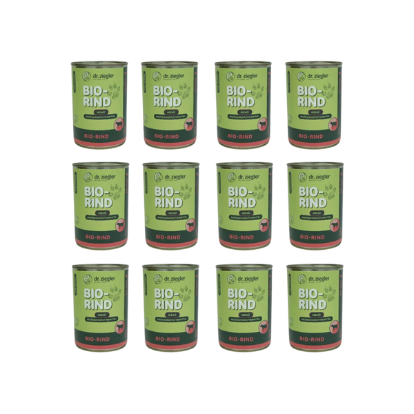12 Dose Dr. Ziegler Bio-Rind Menü Hundefutter, 400g, grün-rote Verpackung