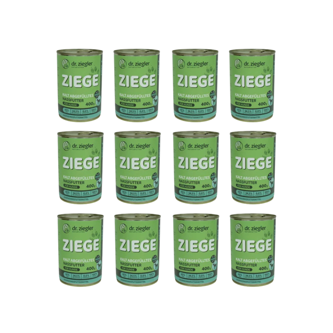 12 Dose mit grünem Etikett für Hundefutter von dr. ziegler. Aufschrift 'ZIEGE', 400g, mit Angaben zu Inhaltsstoffen: 65% Fleisch & Gemüse, 0% Zusatzstoffe.