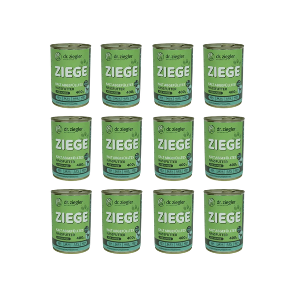 12 Dose mit grünem Etikett für Hundefutter von dr. ziegler. Aufschrift 'ZIEGE', 400g, mit Angaben zu Inhaltsstoffen: 65% Fleisch & Gemüse, 0% Zusatzstoffe.
