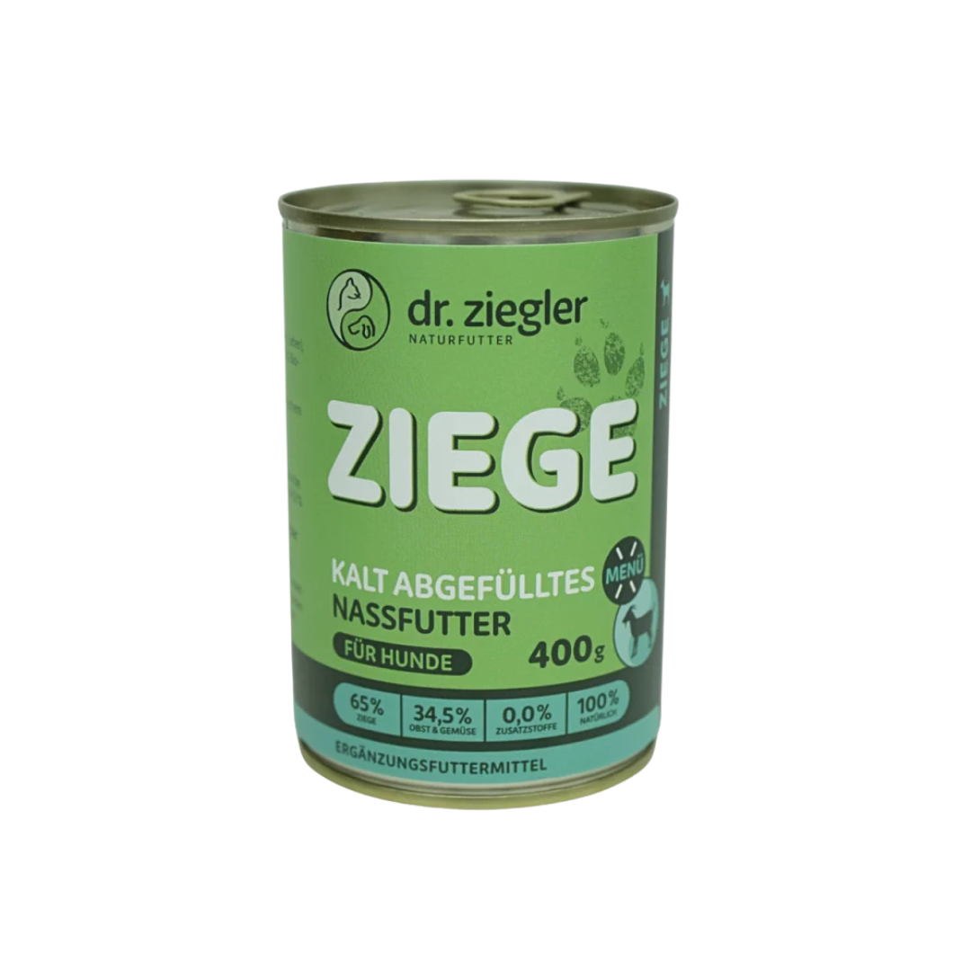 Dose mit grünem Etikett für Hundefutter von dr. ziegler. Aufschrift 'ZIEGE', 400g, mit Angaben zu Inhaltsstoffen: 65% Fleisch & Gemüse, 0% Zusatzstoffe.