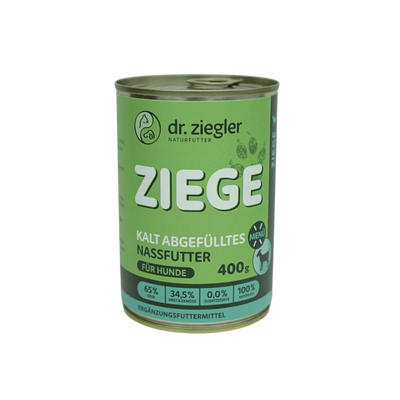 Dose mit grünem Etikett für Hundefutter von dr. ziegler. Aufschrift 'ZIEGE', 400g, mit Angaben zu Inhaltsstoffen: 65% Fleisch & Gemüse, 0% Zusatzstoffe.