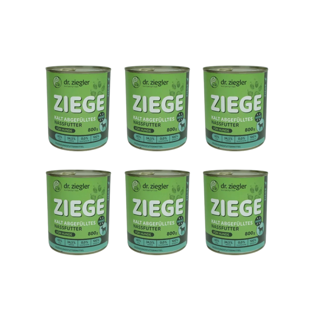6 Dose mit grünem Etikett für Hundefutter von dr. ziegler. Aufschrift 'ZIEGE', 800g, mit Angaben zu Inhaltsstoffen: 65% Fleisch & Gemüse, 0% Zusatzstoffe.