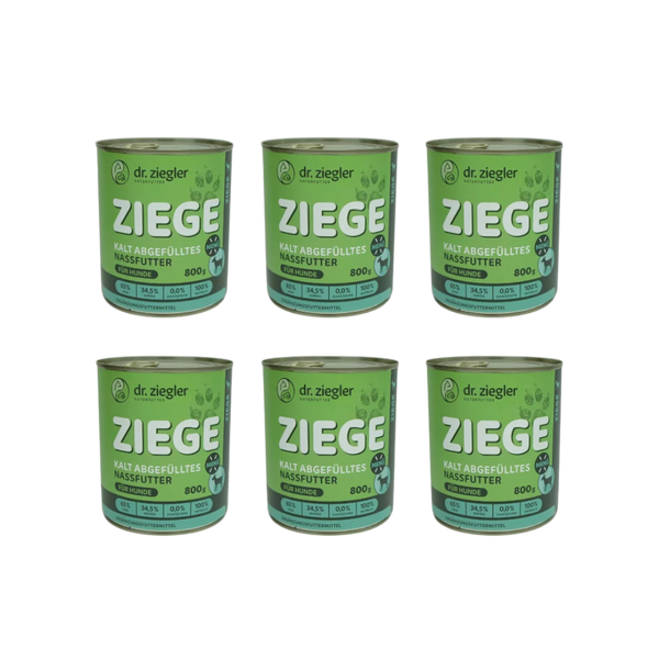 6 Dose mit grünem Etikett für Hundefutter von dr. ziegler. Aufschrift 'ZIEGE', 800g, mit Angaben zu Inhaltsstoffen: 65% Fleisch & Gemüse, 0% Zusatzstoffe.