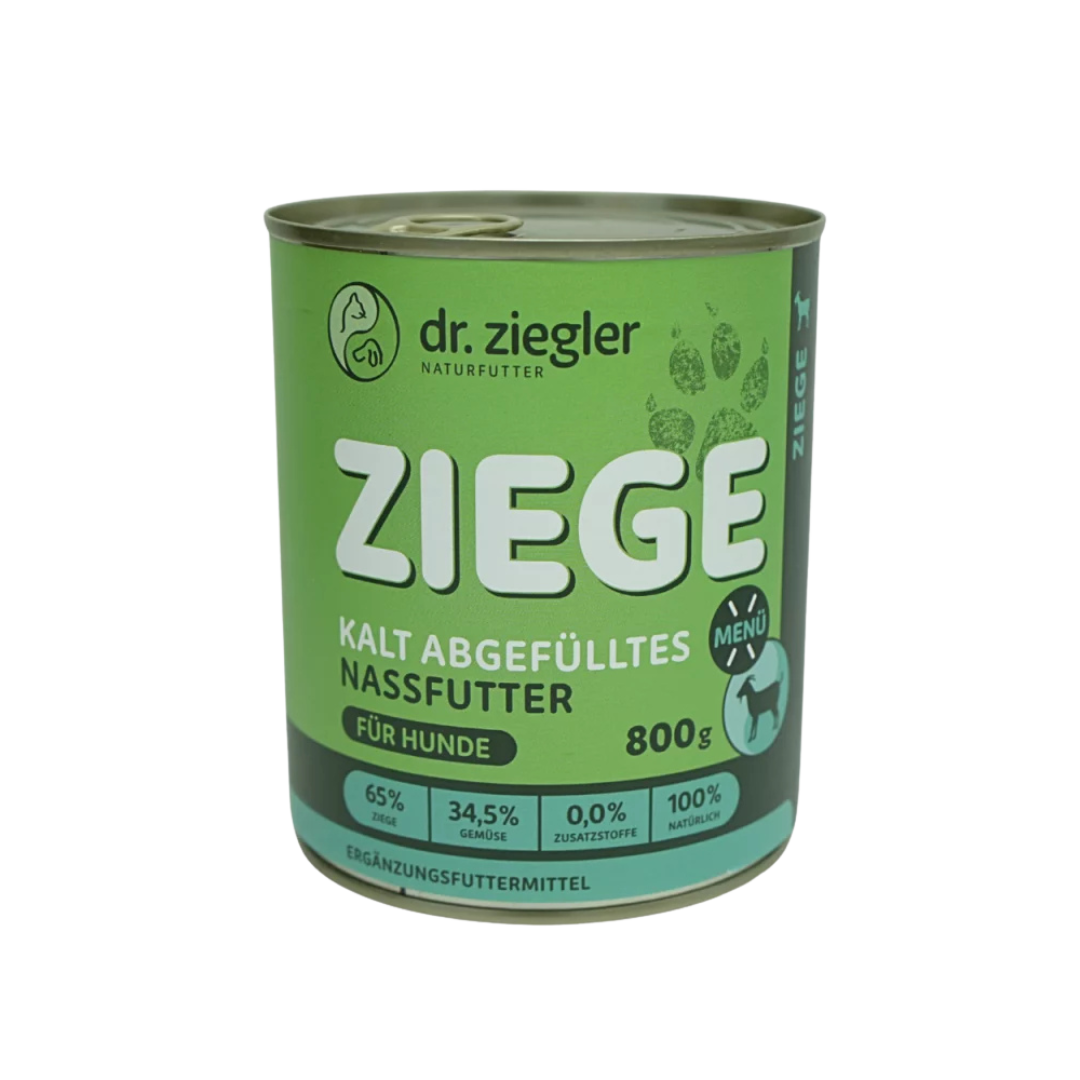 Dose mit grünem Etikett für Hundefutter von dr. ziegler. Aufschrift 'ZIEGE', 800g, mit Angaben zu Inhaltsstoffen: 65% Fleisch & Gemüse, 0% Zusatzstoffe.