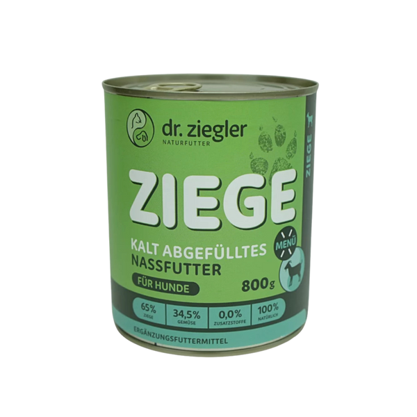 Dose mit grünem Etikett für Hundefutter von dr. ziegler. Aufschrift 'ZIEGE', 800g, mit Angaben zu Inhaltsstoffen: 65% Fleisch & Gemüse, 0% Zusatzstoffe.