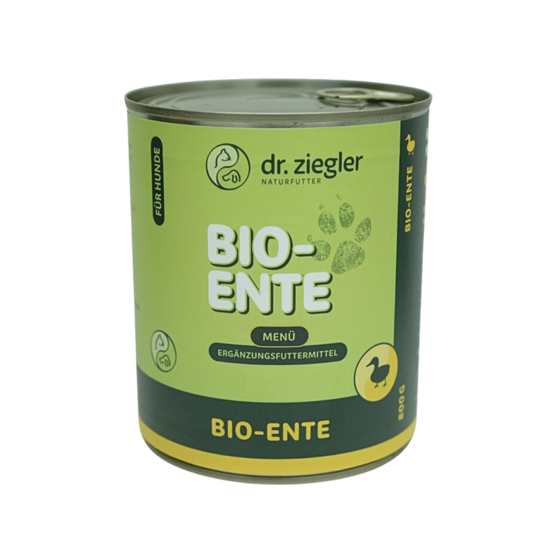 Dose Dr. Ziegler Bio-Ente Menü Hundefutter, 800g, grün-gelbe Verpackung