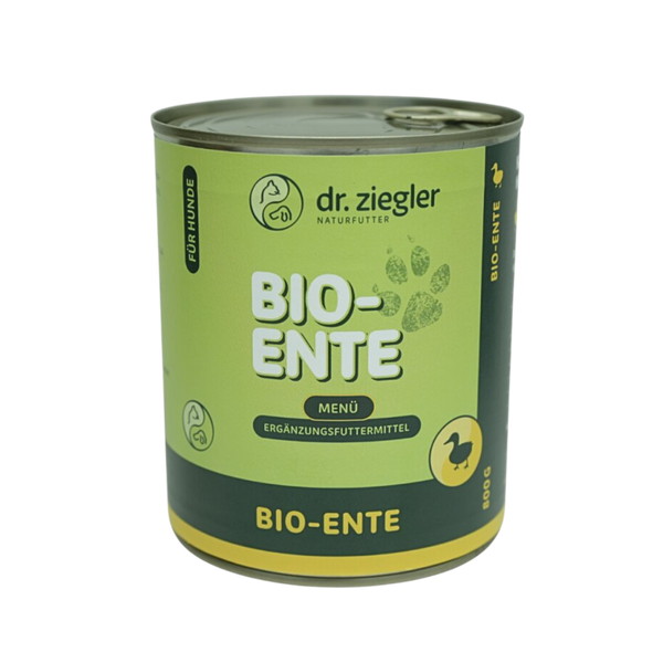 Dose Dr. Ziegler Bio-Ente Menü Hundefutter, 800g, grün-gelbe Verpackung