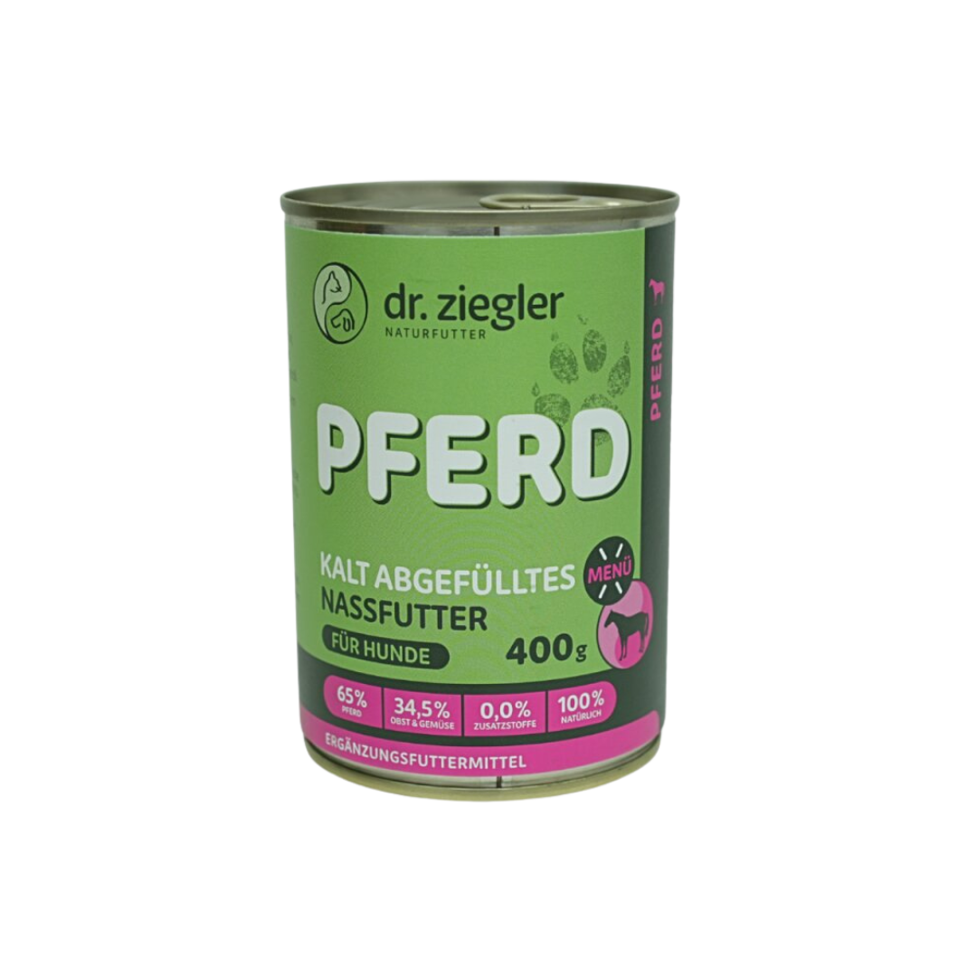 Dose mit Hundefutter von dr. ziegler, grüne Verpackung, 400g, mit der Aufschrift 'PFERD KALT ABGEFÜLLTES NASSFUTTER FÜR HUNDE', 65% Pferd, 34,5% Gemüse.