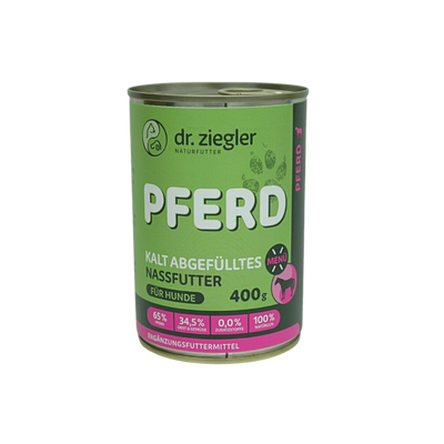 Dose mit Hundefutter von dr. ziegler, grüne Verpackung, 400g, mit der Aufschrift 'PFERD KALT ABGEFÜLLTES NASSFUTTER FÜR HUNDE', 65% Pferd, 34,5% Gemüse.