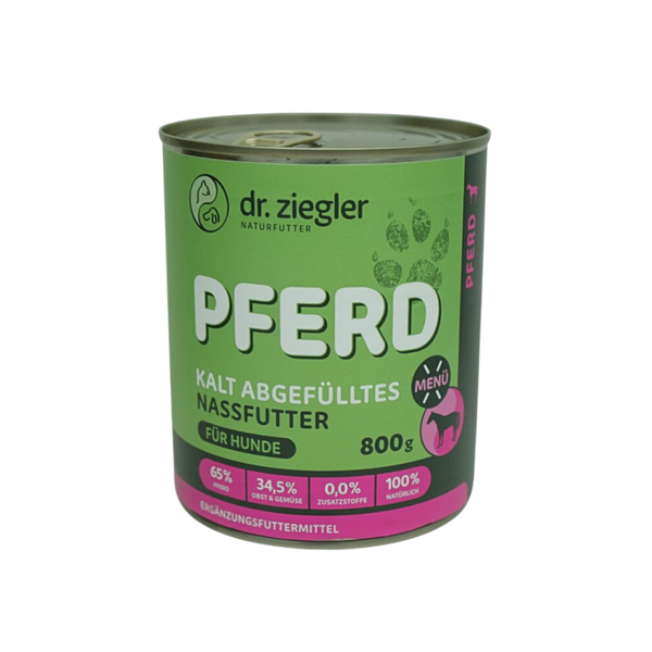 Dose mit Hundefutter von dr. ziegler, grüne Verpackung, 800g, mit der Aufschrift 'PFERD KALT ABGEFÜLLTES NASSFUTTER FÜR HUNDE', 65% Pferd, 34,5% Gemüse.