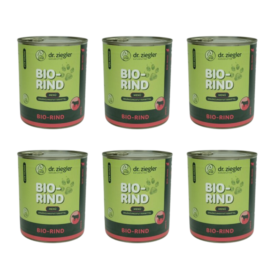 6 Dosen Dr. Ziegler Bio-Rind Menü Hundefutter, 800g, grün-rote Verpackung
