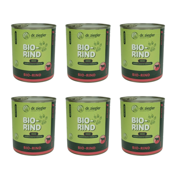 6 Dosen Dr. Ziegler Bio-Rind Menü Hundefutter, 800g, grün-rote Verpackung