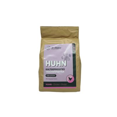 Braune Verpackung mit Aufschrift 'dr. ziegler NATURKOST', 'HUHN KALTGEPRESSTES TROCKENFUTTER FÜR KATZEN', Symbol einer Henne