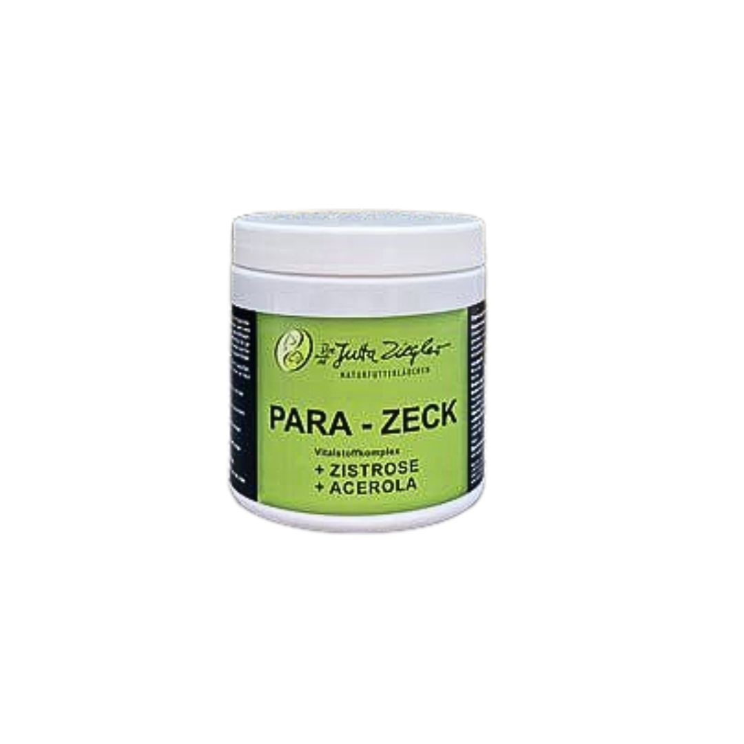 Runddose mit weißem Deckel und grünem Etikett. Auf dem Etikett steht 'PARA - ZECK' sowie '+ ZISTROSE + ACEROLA'.