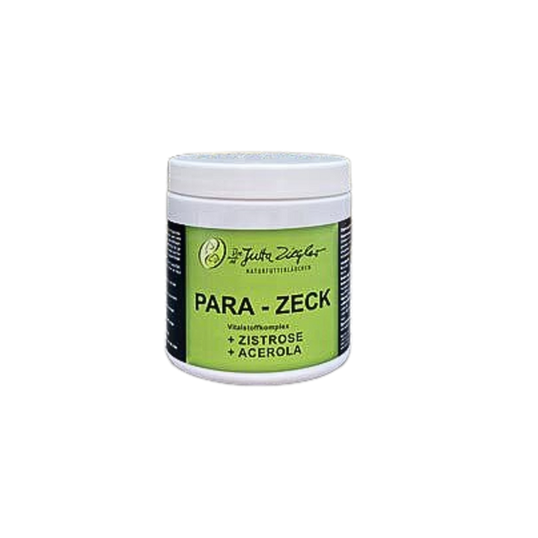 Runddose mit weißem Deckel und grünem Etikett. Auf dem Etikett steht 'PARA - ZECK' sowie '+ ZISTROSE + ACEROLA'.
