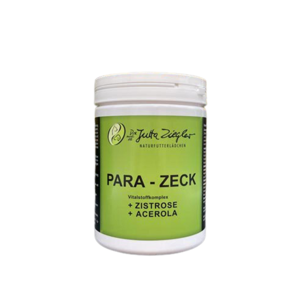 Runddose mit weißem Deckel und grünem Etikett. Auf dem Etikett steht 'PARA - ZECK' sowie '+ ZISTROSE + ACEROLA'.