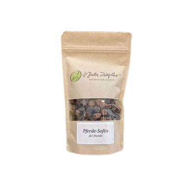 Braune Papiertüte mit transparentem Fenster, beschriftet mit 'Pferde-Softis für Hunde' und dem Logo von 'Jutta Ziegler Naturfuttermittel'.