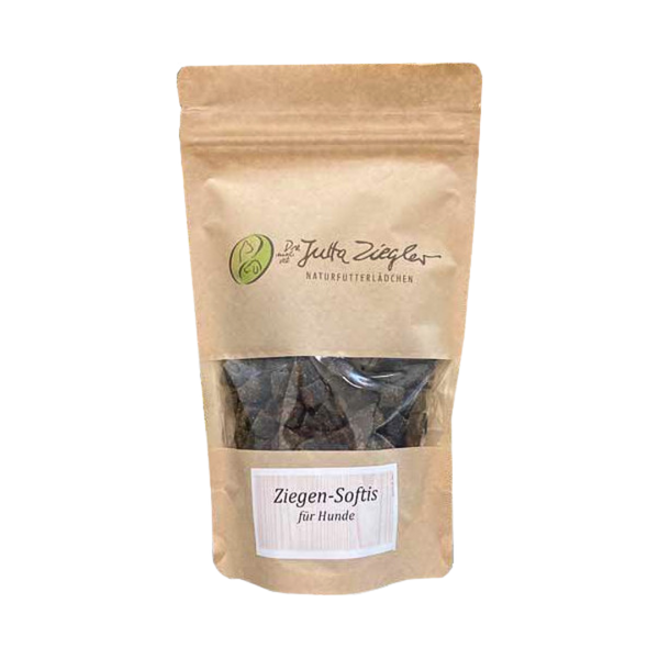 Verpackung von 'Ziegen-Softis für Hunde' in einem braunen, transparenten Beutel. Die Vorderseite zeigt das Logo 'Das sind Justa Ziegler'.