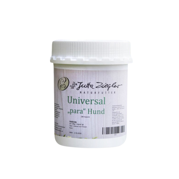Weißer Kunststoffbehälter mit Schraubverschluss, beschriftet mit 'Universal "para" Hund' und '180 Kapseln'