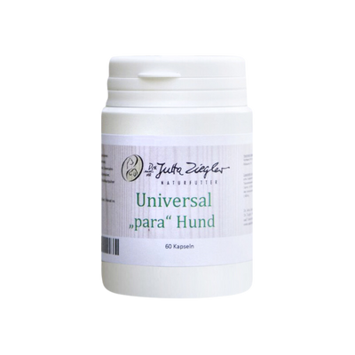 Weißer Kunststoffbehälter mit Schraubverschluss, beschriftet mit 'Universal "para" Hund' und '60 Kapseln'.