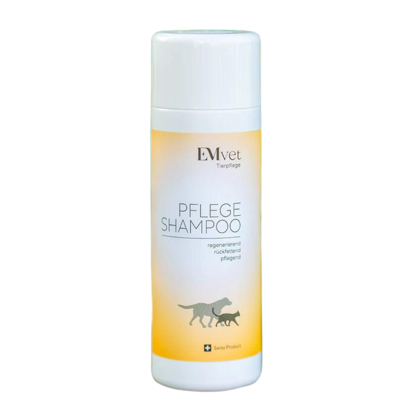 Flasche mit EMvet Pflege Shampoo, 200 ml. Weißer Kunststoffbehälter mit gelbem Farbverlauf, abgebildete Hunde-Silhouette und Text 'PFLEGE SHAMPOO'.