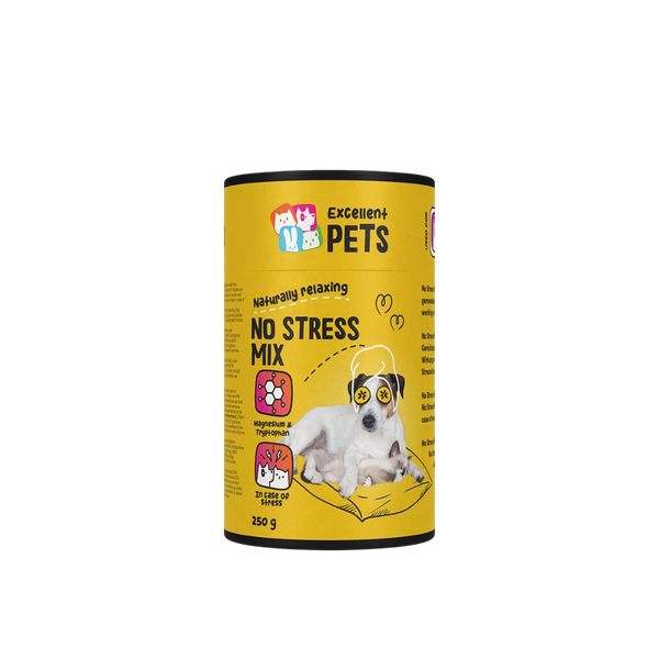 Runde Dose mit gelbem Etikett, beschriftet mit 'Excellent PETS', 'NO STRESS MIX' und '250 g'. Abgebildeter Hund auf einem Kissen.
