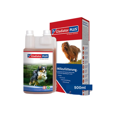 Gladiator PLUS Flasche mit 500 ml, braun-orange, für Hunde und Katzen. Verpackung zeigt ein Bild eines Hundes und den Text 'Milieufütterung'.