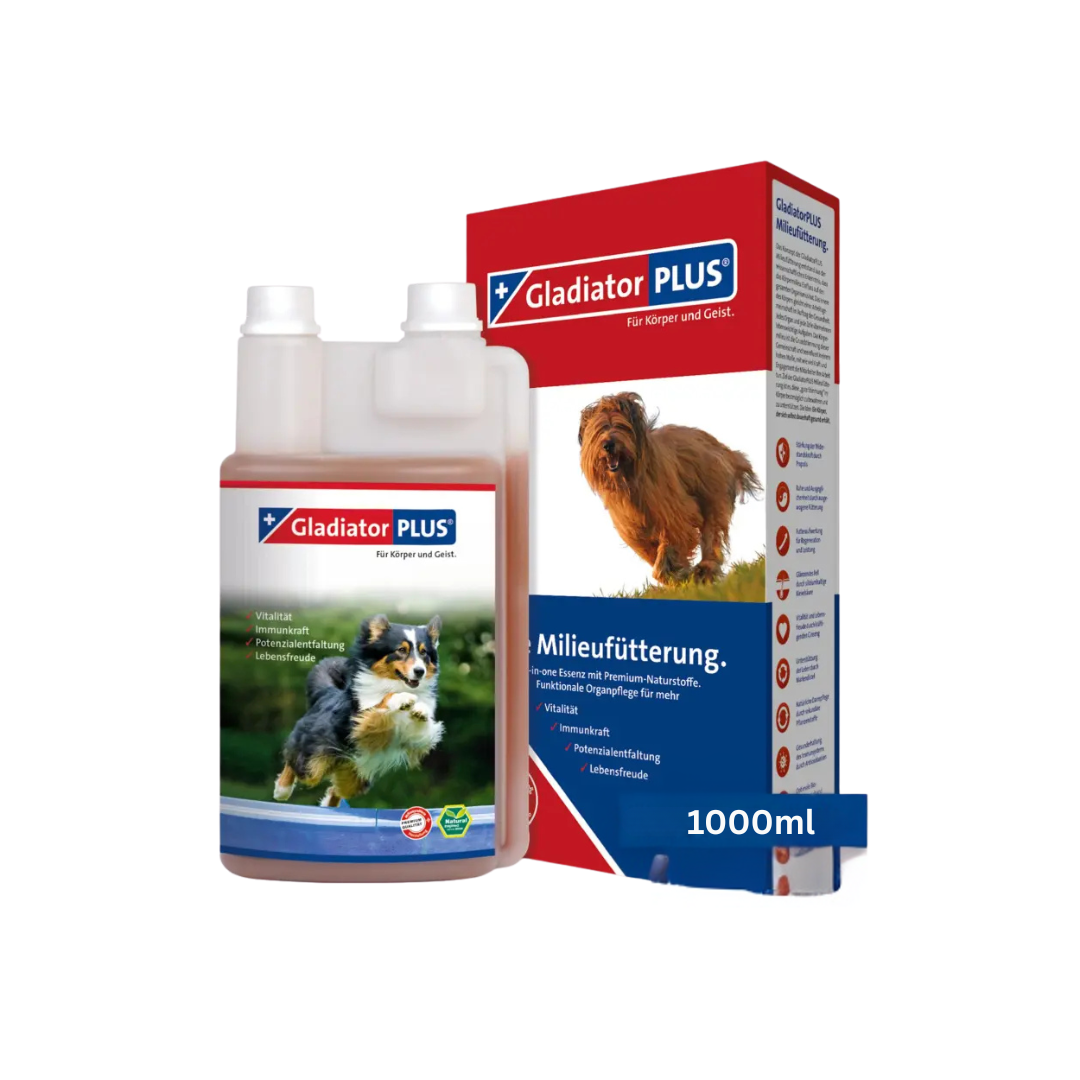 Gladiator PLUS Flasche mit 1000 ml, braun-orange, für Hunde und Katzen. Verpackung zeigt ein Bild eines Hundes und den Text 'Milieufütterung'.